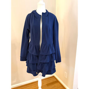 ModCloth Ruffle Hoodie Jacket XL Navy Blue Tiered Peplum Zip Up Sweatshirt Twee